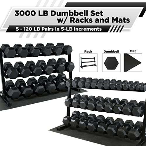 WF Athletic Supply Rubber Coated Hex Dumbbell Set, Multiple Choices Available - Dumbbells with Rack Stand and Mat, or Dumbbells Only (200/550/1200/2100/3000 LB) - color: k. 5 - 120LB w/ 3-tier BLUE Rack and Mat