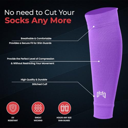 MediCaptain Pre Cut Soccer Sock Sleeves, Companion for Soccer Grip Socks, Securely Holds Shin Guards, Compression Leg Warmer - color: Purple