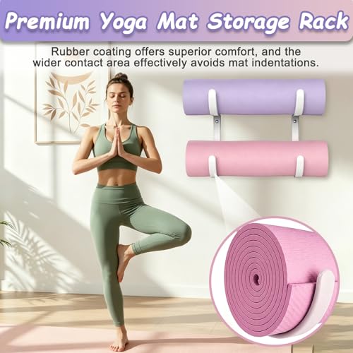 Wall Mount Yoga Mat Holder, Rubber Coated Yoga Mat Storage Rack for Yoga Mats, Foam Rollers, Exercise Mats, Pilates Mats and Hanging Home Fitness Equipment