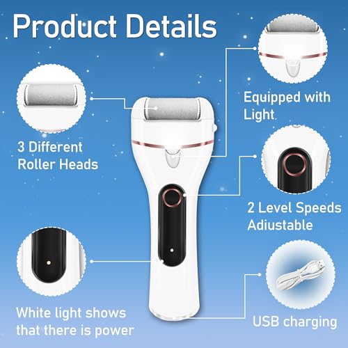 Callus Remover for Feet, Electric Foot Callus Remover Waterproof with 3 Rollers 2 Speed Battery Display,17 in1 Rechargeable Foot File Pedicure Kits for Dead Hard Cracked Dry Skin（White - style: White
