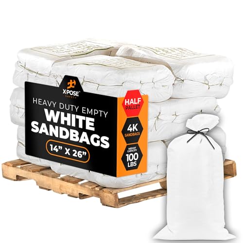 Xpose Safety Heavy Duty Sand Bags with Tie Strings – Empty Woven Polypropylene Sandbags for Hurricane Flood Protection, 100 lb Capacity, 14" x 26", White, Bulk Half Pallet Pack of 4000 - color: White, size: 4000 Sandbags (Half Pallet)