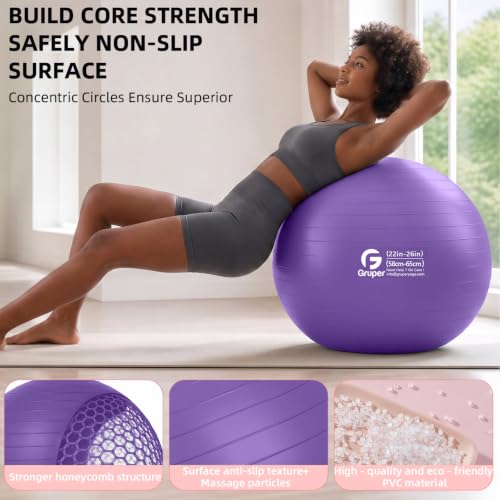 Gruper Exercise Ball, Extra Thick Yoga Ball for Working Out, Yoga & Pregnancy, 4 Sizes Anti-Burst Balance Ball with Foot Pump for Pilates, Physical Therapy & Fitness - color: purple, size: M(22IN/55cm)