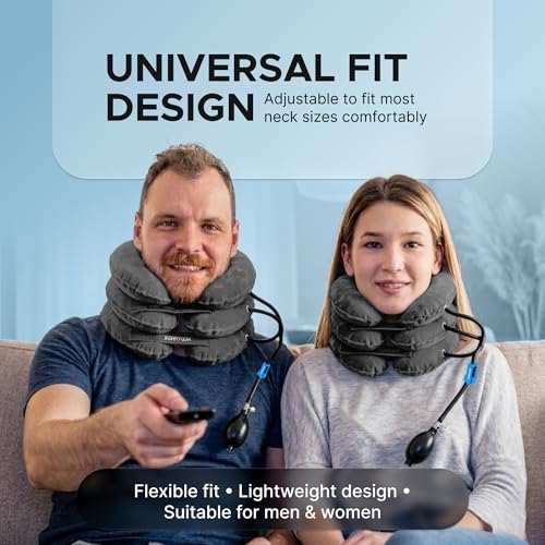 Inflatable Neck Stretcher for Neck Pain Relief, Cervical Traction Device with Hand Pump, 3-Layer Adjustable Neck Decompression Collar for Pinched Nerve, Stiff Neck & Tech Neck Support | Breathable Material - color: Platinum Grey Mist