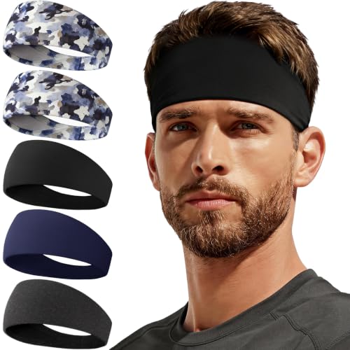 Sweat Band, 5 Pack Headband Moisture Wicking for Running Sports | Workout Sweatband, Unisex Fit, Non-Slip, Skin-Friendly, Multi-Use, Perfect for Exercise, Lightweight - color: 2 Ink-Blended Blue+Black+Dark Blue+Heather Gray