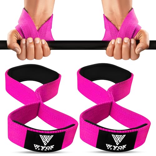 WYOX Figure 8 Lifting Wrist Straps for Weightlifting – Heavy Duty Padded Neoprene Wrist Support, Powerlifting & Strength Training Lift Straps for Deadlifts, Pull Ups, Rows, Shrugs, Gym Training Hand Grip Support for Bodybuilding - color: Pink, size: Stand
