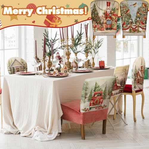 Moukeren 6 Pcs Christmas Chair Cover Set Stretch Dining Chair Back Covers Christmas Nutcracker Red Truck Slipcovers Farmhouse Removable Elastic Seat Protector for Xmas Party Dining Home Kitchen Decor - style: Traditional