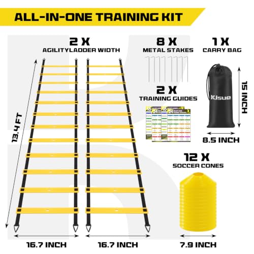 2 Pack 20ft Agility Ladder Set, 40ft Total Adjustable Speed Ladder with 12 Cones, 8 Stakes, 1 Carry Bag - Parallel Footwork Drills Gear for Football Soccer Basketball Training Equipment - color: Yellow