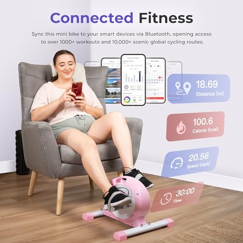 Sunny Health & Fitness Smart Under-Desk Bike Exerciser, Low-Impact Cardio Cycling Equipment for Home/Office, Mini Paddler for Arm/Leg Mobility Training, Free SunnyFit App - color: Pink