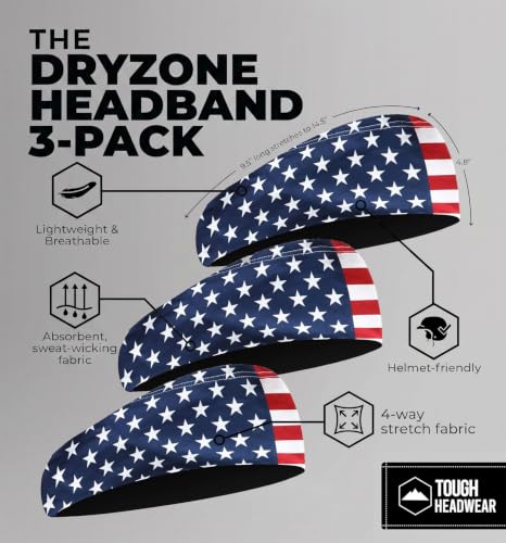 Tough Headwear Mens Headband | Sweat Headbands for Men Women Working Out Running Sports – Athletic Sweat Band Exercise - color: (3 pack) USA Flag