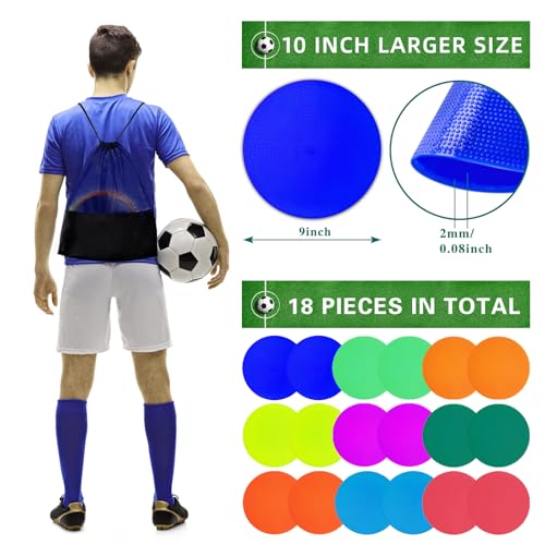 Poly Spot Markers 4.73 inch/10 inch 12 Pcs Non-Slip Rubber Agility Training Markers Floor Dots Flat Field Cones for Football, Soccer, Basketball, School Exercise Drills, Dance Practice - style: 10 inch 18 Pcs (9 Colors)
