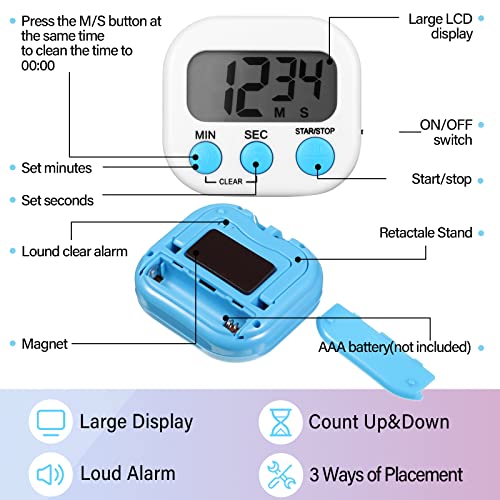 Weewooday 24 Pcs Small Digital Kitchen Timer Magnetic Back and Switch Minute Second Count up Countdown Big LCD Display Loud Alarm for Teacher Cooking Baking (Colorful) - color: Colorful