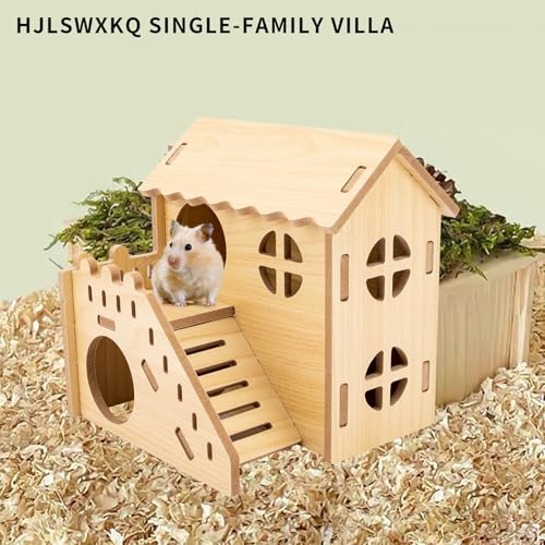 Natural Wood Hamster Habitat Hideout Cage Accessories, Maze Cabin with Fun Slide & Double-Decker House, Exercise Toys for Dwarf Hamsters, Gerbils, Mice, Other Small Animals(Only for Small Hamster E)