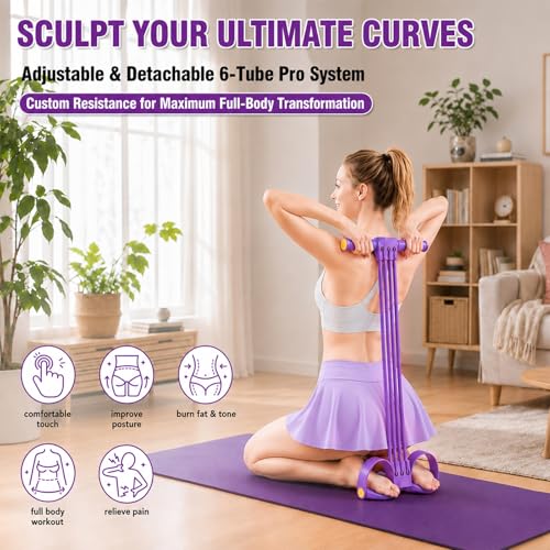 Multifunction Foot Pedal Resistance Bands with Handles, 6-Tube Adjustable Elastic Yoga Exercise Bands, Home Gym Fitness Equipment for Abdomen, Core, Waist, Arm, Leg Stretching - color: Purple