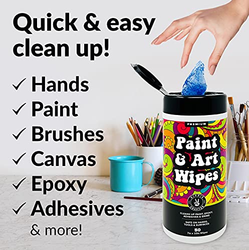 HIPPIE CRAFTER Paint and Art Wipes, 1 Pack (50 Piece) Heavy-Duty Cleaning Wipes for Paint, Epoxy, Glue, Latex & Acrylic Stains, Safe for Hands, Brushes, Plastic, Metal, Wood & Floors