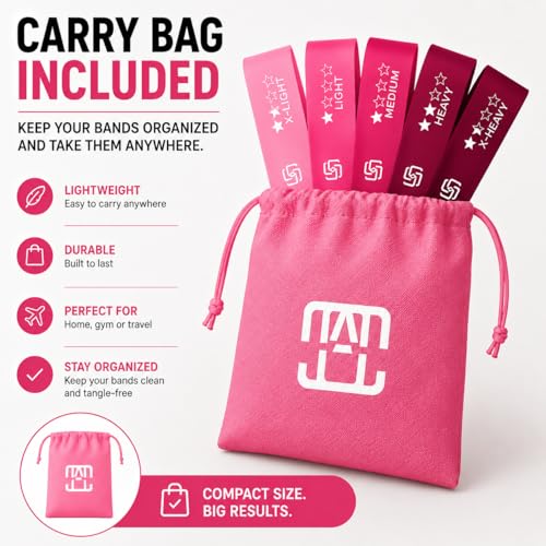 GOCHA Resistance Bands Set of 5 for Exercise & Fitness – Loop Resistance Bands with Carry Bag, Natural Latex Workout Bands for Strength Training, Physical Therapy, Yoga, Pilates, Home Gym (5-40 lbs) - color: Pink Set