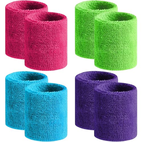 BEACE Sweatbands Sports Wristband for Men & Women -8pcs Moisture Wicking Athletic Cotton Terry Cloth Sweatband for Tennis, Basketball, Running, Gym, Working Out - color: RoseRed/Green/LT-Blue/Violet