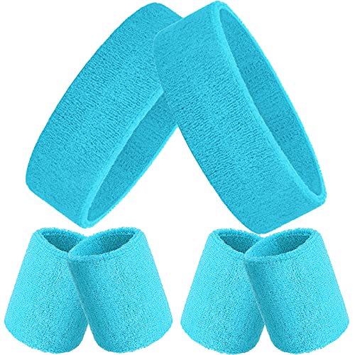 Bememo 6 Pcs Neon Sports Sweatbands Set Sports Competitions Sweatbands 2 Headband 4 Wristbands Breathable Terry Cloth Athletic Bands for Team Soccer Spirit 80s Costumes Cosplay - color: Neon Blue