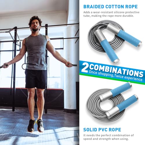 Weighted Jump Rope for Men, Women (1.5LB) - Alloy Steel Handles, Speed Skipping Rope, Gym,Indoor/Outdoor - Fitness, Workout, Boxing - Solid PVC & Cotton Rope - color: SILVER-BLUE