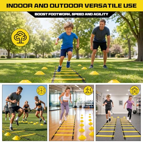 2 Pack 20ft Agility Ladder Set, 40ft Total Adjustable Speed Ladder with 12 Cones, 8 Stakes, 1 Carry Bag - Parallel Footwork Drills Gear for Football Soccer Basketball Training Equipment - color: Yellow