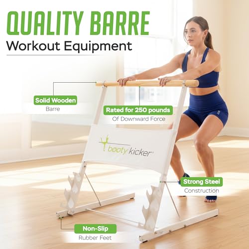 Portable Folding Exercise Bar for Barre, Balance and Ballet Home Workouts | Authentic Booty Kicker, Strong Freestanding Stable Design, Solid Steel and Wood Workout Equipment - color: White