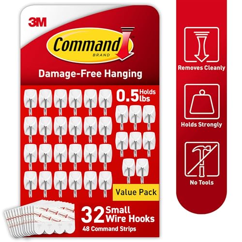 Command Small Wire Toggle Hooks, 32 Count, and 48 Strips, Damage Free Hanging Wall Hooks with Adhesive Strips, No Tools Required for Hanging, Organization and Storage, Holds up to 0.5 lb - size: 32 Hooks
