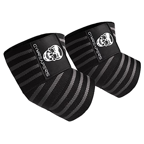 Gymreapers Weightlifting Elbow Wraps (1 Pair) - Flexible 40'' Elbow Compression Strap & Joint Support Brace - for Bench Press, Powerlifting, and Pressing - color: Gray