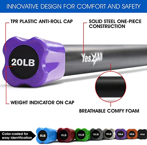 Yes4All Total Body Workout Weighted Bar, Resistance Band Bar, Racks for Strength Training, Exercise Bar for Yoga in Home and Gym - Single/Combo - color: Color-Coded, style: 20lbs Weighted Workout Bar