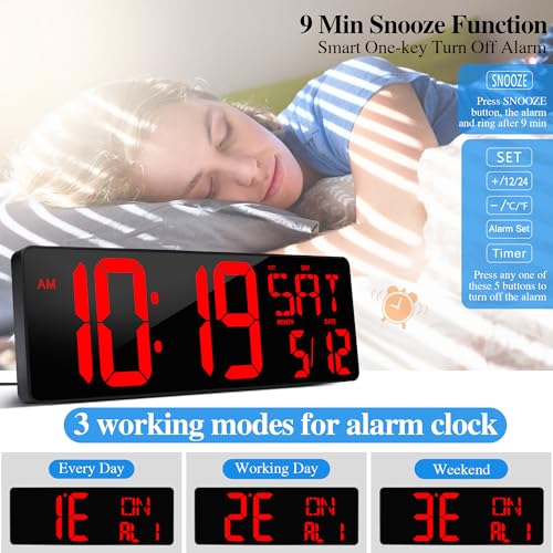 17.2"Large Digital Wall Clock Large Display with Remote Control 180°Visible | Timer with Temperature Date Week Auto DST Adjustable Brightness, for Living Room Classroom Garage Gym Gift for Senior Mom Dad