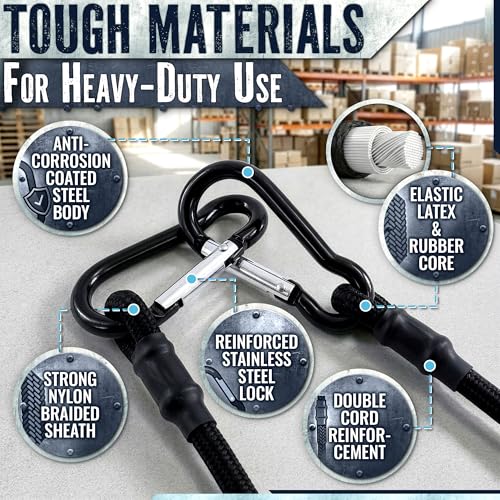 Bungee Cords with Carabiner Hooks Heavy Duty, 12", 200 Lbs Load, 4 Pcs | Elastic Tie Down Straps, Rubber & Latex, Anti-Rust Steel Hooks, 2X Stretch, Waterproof, UV Resistant; Camping, Tarps & Car - size: 12 Inch (Pack of 4)