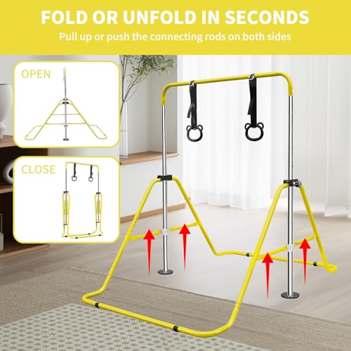 Gymnastics Bars for Kids with Rings, Junior Kip Training Bars Equipment for Home, Folding Height Adjustable Horizontal Bars - color: Yellow