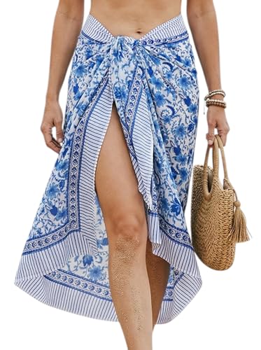 Beach Cover Ups for Women, Cotton Sarong Wrap Pareo | 100% Cotton Sarong Wraps For Women, 73 x 44 In. Pareo Beach Wrap, Bikini Cover Up, Bathing Suit Cover Up, Resort Wear - color: Blue Leaf