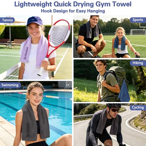 BOBOR Gym Towels for Men and Women, 3 Pack 15 x 30 Inch Microfiber Workout Towels, 400 GSM Quick Dry Sweat Towels with Center Hanging Loop, Soft Absorbent Sports Towels for Yoga, Running, Swimming - color: 1blue+1purple+1gray, size: 15" x 30"