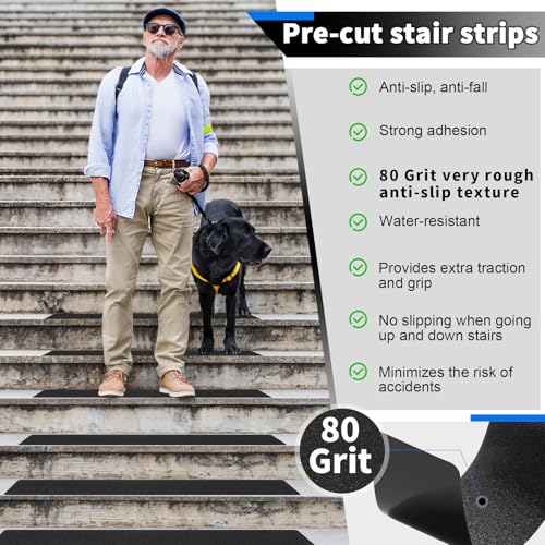 SMILOOL Outdoor Stair Treads Non-Slip Step Strips for Wooden Steps 5 Pack 8” x 30” Anti Slip Grip Tape Precut for Outside Stairs, Non Skid Stair Tread Mats Weather Resistant for Outdoors, Black - size: 8" x 30"