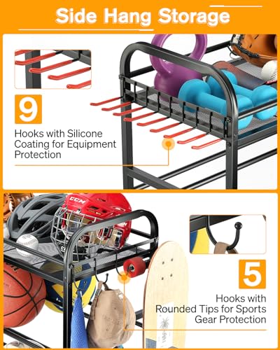 EXTCCT Garage Sports Equipment Organizer - Rolling Ball Storage Bin with Wheels, Garage Sports Gear Rack Outdoor Basketball Racks for Balls with Baseball Bat Holder and Hooks, Toy Organizer - color: Black