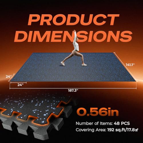 SUPERJARE 0.56'' Thick 48 Pcs 192 Sq Ft Rubber Top Exercise Equipment Mats, High Density EVA Foam Mats with Rubber Top, Interlocking Gym Flooring for Home Gym, Protective Workout Mat, Black/Blue - size: 48 Tiles (192 Sq Ft)