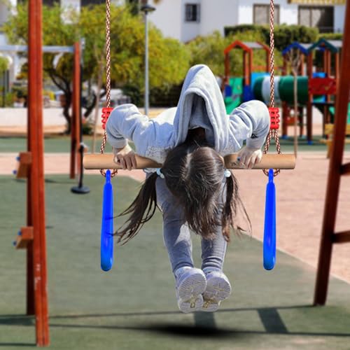 PELLOR Playground Children's Wooden Trapeze Swing Bar with Plastic Gym Rings Swing Set for Indoor & Outdoor Fun - color: Blue