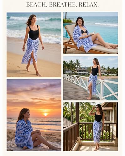 Beach Cover Ups for Women, Cotton Sarong Wrap Pareo | 100% Cotton Sarong Wraps For Women, 73 x 44 In. Pareo Beach Wrap, Bikini Cover Up, Bathing Suit Cover Up, Resort Wear - color: Blue Leaf