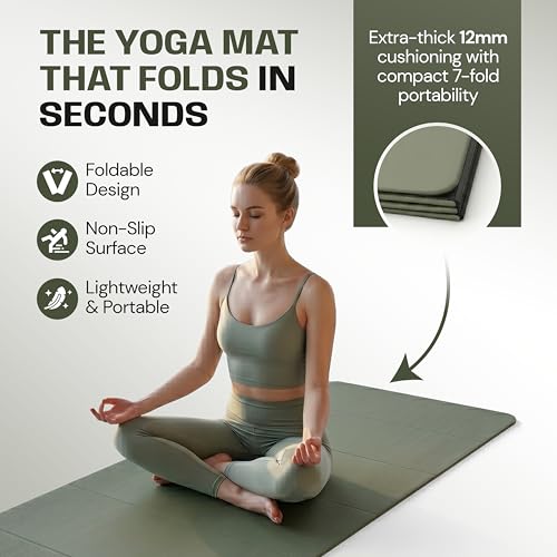 OLYSE Foldable Yoga Mat, Extra Thick 12mm, 7-Fold, Non-Slip, for Yoga, Pilates, Stretching, HIIT & Home Workout, Green