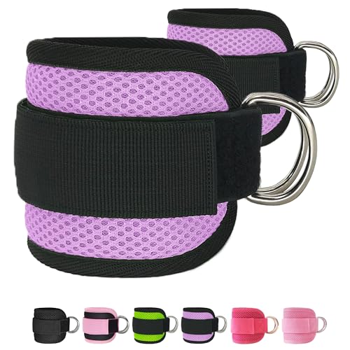 Fitness Ankle Straps for Cable Machines, 2 Pack Comfortable Adjustable Padded Ankle Wrist Cuffs, Kickback Glute Workouts for Men Women, D-Ring Leg Straps with Neoprene Padding - color: yy-Purple