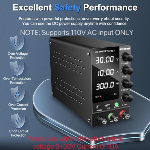NICE-POWER DC Power Supply Variable 30V 10A, Adjustable Switching Regulated DC Bench Power Supply with Output Switch High Precision 4-Digit LED Display, Benchtop Lab Power Supplies with 5V/2A USB Port - size: 30V 10A