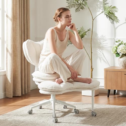 Cross Legged Office Chair with Wheels, 360 Swivel Height-Adjustable Double-Layer Padding Criss Cross Meditation Chair with Lumbar Support, Artificial Rabbit Hair Fabric, Ivory - color: Ivory, size: Heart Back with Rectangular Cushion