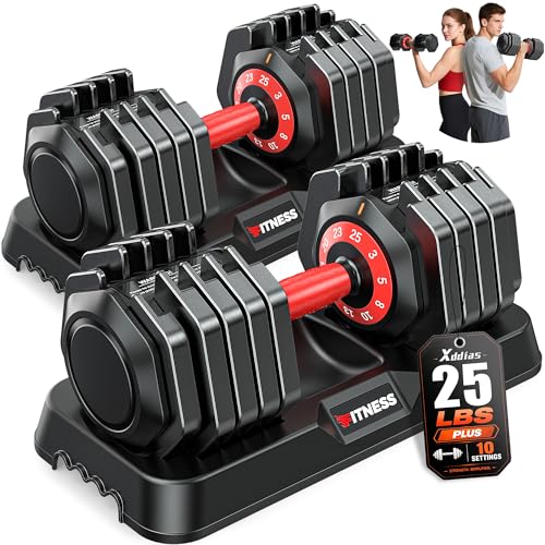 XDDIAS Adjustable Dumbbell Set for Home Gym Workout | 25 to 90 lbs, non-slip knurled grip, compact storage, one-hand adjustable - size: 25LB Pair