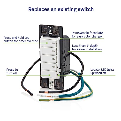 Leviton Countdown Timer Switch for bathroom fan and household lights, 10-20-30-60 min, No Neutral Required, Single Pole, 15A, 1/2HP/9.8A Fan/Motor, DT160-1LW, White - style: 10-20-30-60 min, No Neutral Required