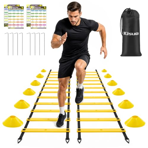 2 Pack 20ft Agility Ladder Set, 40ft Total Adjustable Speed Ladder with 12 Cones, 8 Stakes, 1 Carry Bag - Parallel Footwork Drills Gear for Football Soccer Basketball Training Equipment - color: Yellow