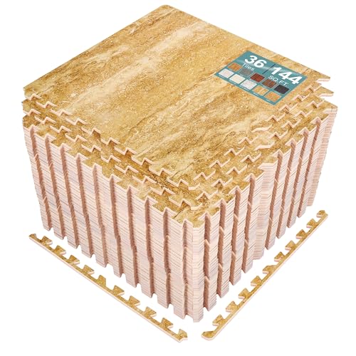 Sorbus 144 Sq. Ft. Wood Grain Floor Tiles Foam Mat EVA Interlocking Mats Tile 3/8-Inch Thick Flooring Wood Puzzle Exercise Mats w/Borders - Home Playroom Basement, Apartment, Trade Show, Baby, Dance - color: Marble, size: 36 Pack