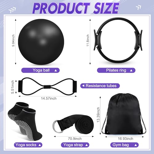 Poen 18 Pcs Home Pilates Kit for Women Pilates Ball and Ring Circle Set Yoga Fitness Essential with 5 Resistance Band Stretching Strap Non Slip Sock Ball Core Slider Wristband Headband Gym Bag - color: Black