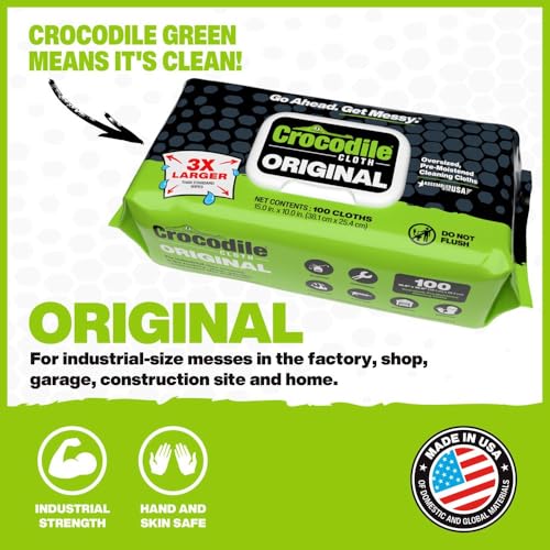 Crocodile Cloth Original Cleaning Wipes, Heavy-Duty Multi-Surface Hand & Tool Wipes, Water-Based, Safe on Skin, 600 Count (6 Packs of 100), 15 x 10 Inch - size: 100Count (Pack of 6)