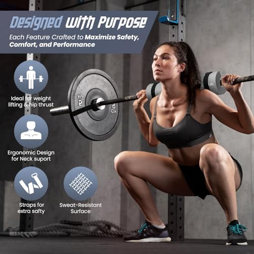 Barbell Pad for Squats & Hip Thrusts – 1.2” Extra-Thick High-Density Foam – Non-Slip Neck & Shoulder Support Cushion – Fits Olympic & Standard Bars – Quick On/Off Design + 2 Securing Straps - color: Grey
