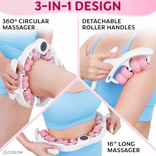 COZLOW Cellulite Massage Roller - Pink - Anti-Cellulite Massager with Detachable Roller Handles for Thighs, Legs & Buttocks - Fascia Massage Tool for Lymphatic Drainage & Deep Tissue Therapy - color: Pink