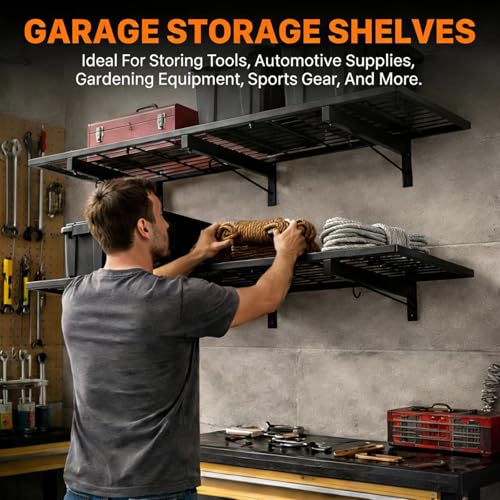 Garage Wall Shelving, 46" x 12" Floating Shelf, Heavy Duty, 190 LBS Load Capacity, Black Storage Rack for Shop, Shed, Closet, Basement - style: B-1 PACK